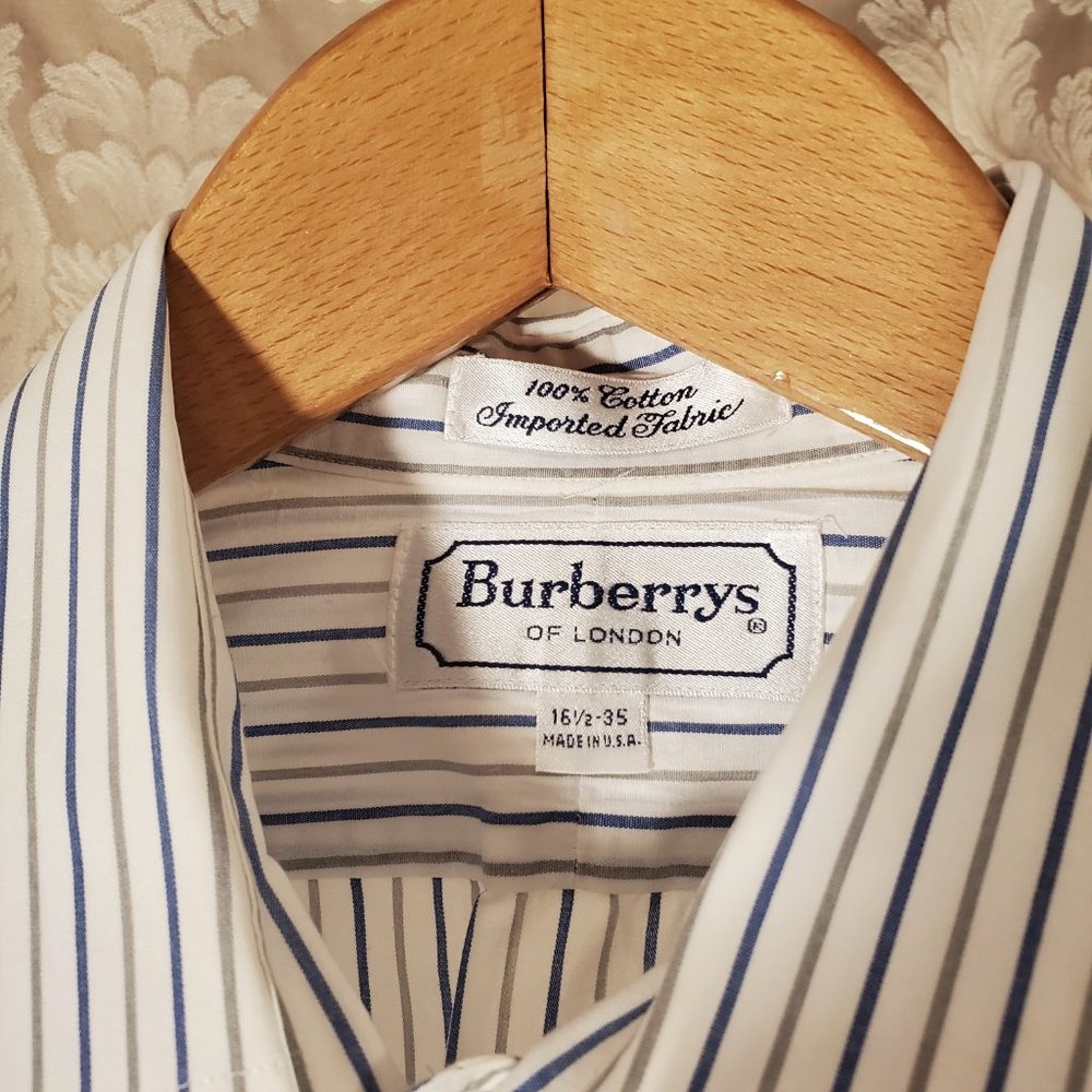 Vintage Burberrys of London Men's Grey & Blue Pinstripe French Cuff Dress Shirt